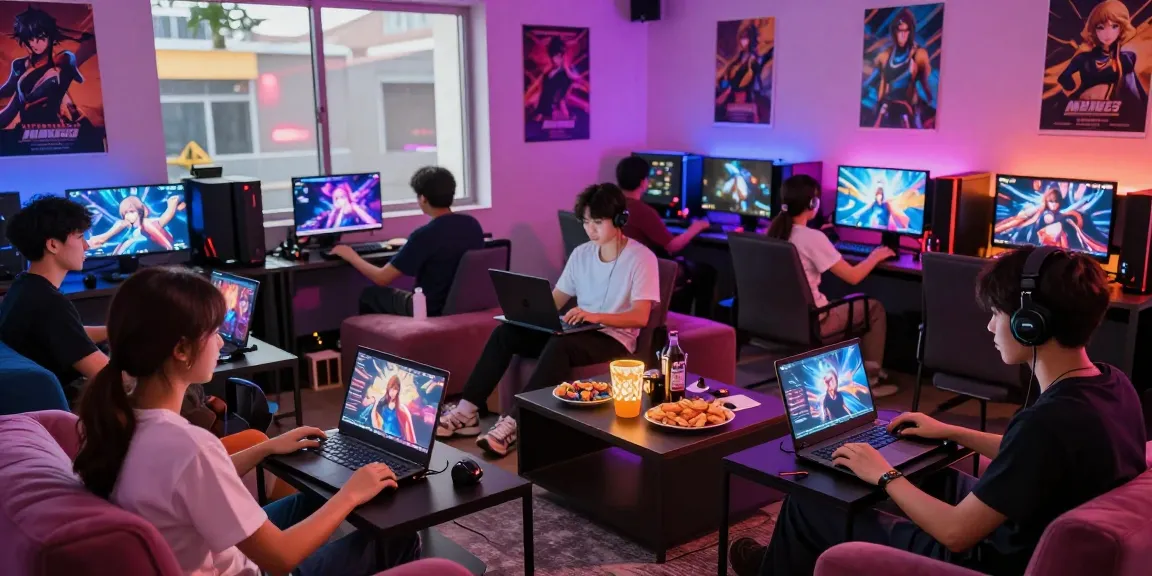 Engaged players enjoying hentai games in a vibrant gaming lounge with colorful lights and devices.