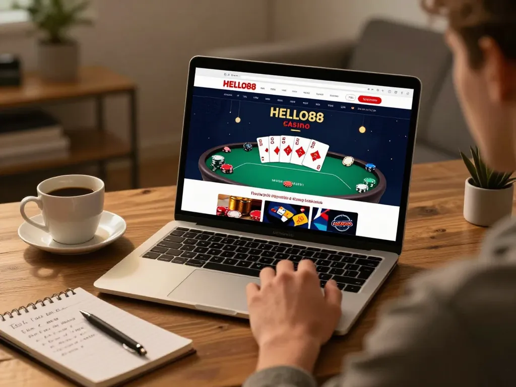 Engaging with HELLO88 online casino from a comfortable home office environment, showcasing poker gameplay.