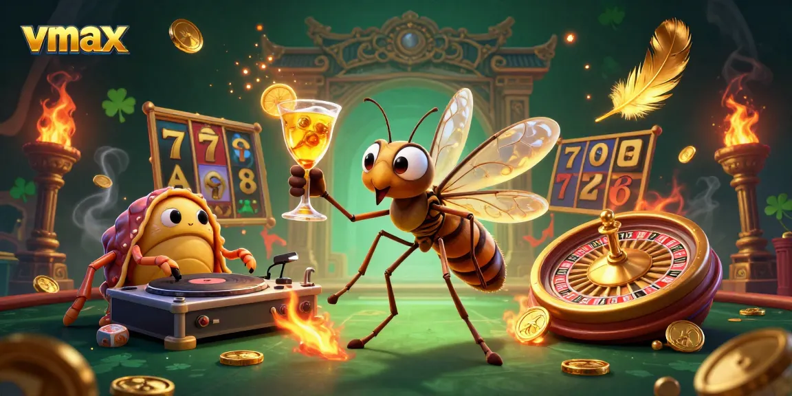Experience the thrill of vmax casino as a mosquito mascot spins golden roulette and cocktails.