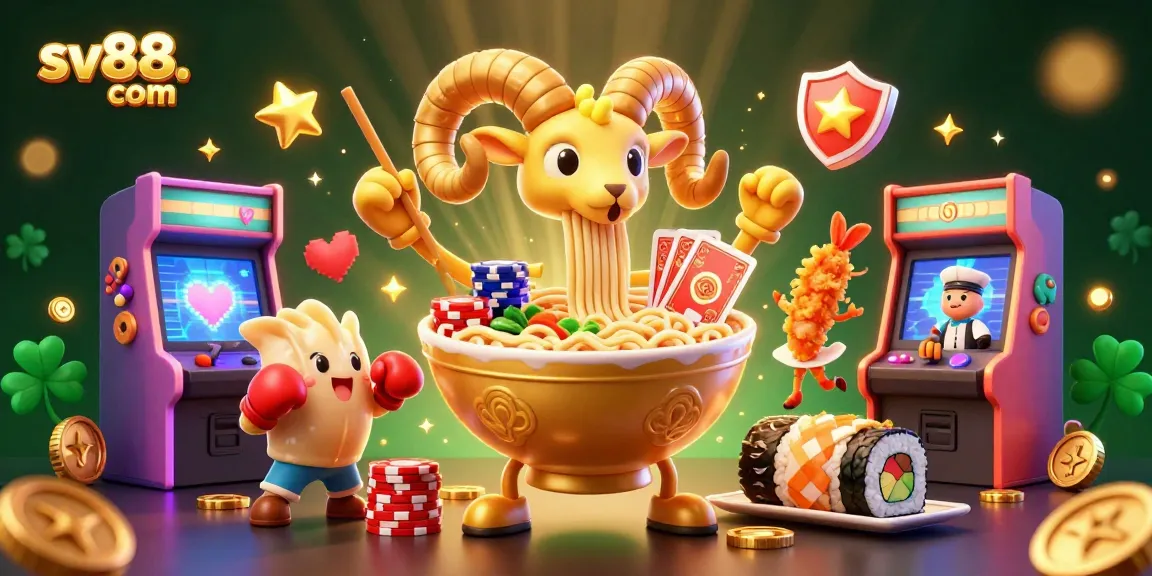 Engaging scene with sv88. com featuring a golden ramen bowl and dynamic casino elements.