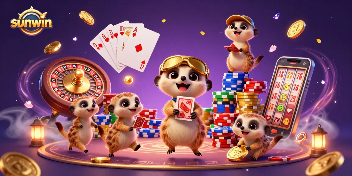 Dynamic meerkats running a sunwin casino with vibrant chips, cards, and a spinning roulette wheel.