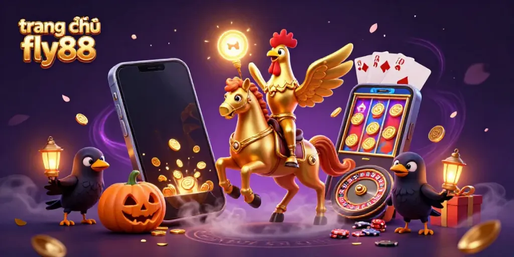 Engage with the immersive experience of trang chủ fly88 as golden rooster characters illuminate a vibrant casino scene.