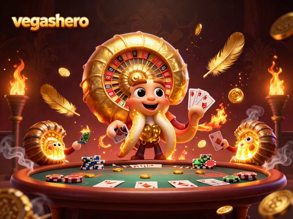 Experience the vibrant gameplay at VegasHero Casino with a dynamic 3D scene of a giant nautilus-themed roulette.