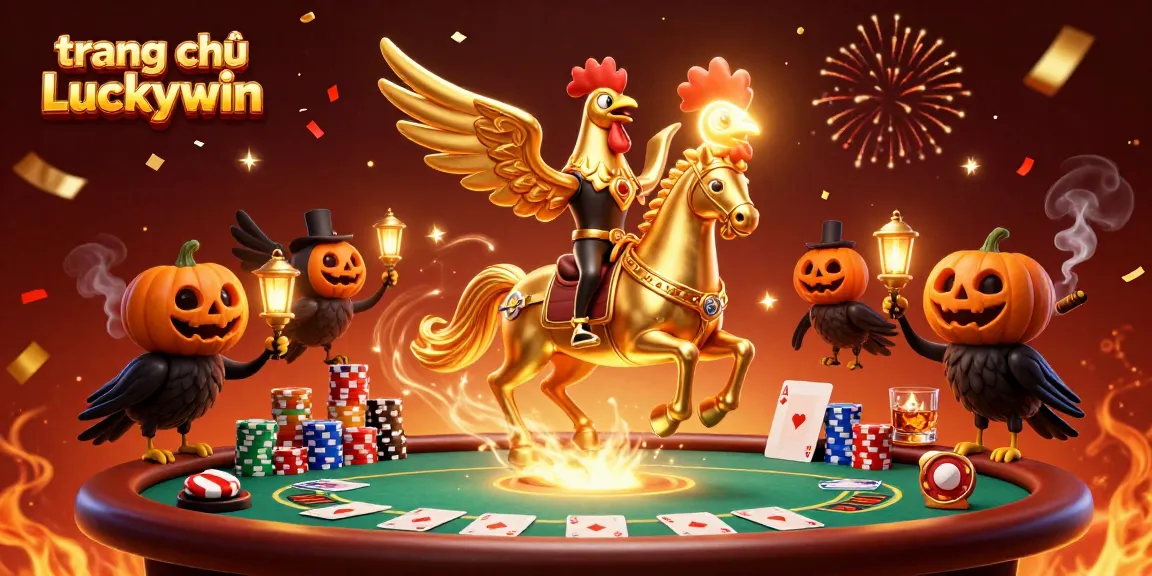 Engaging scene of trang chủ Luckywin, showcasing golden rooster in casino with poker elements.
