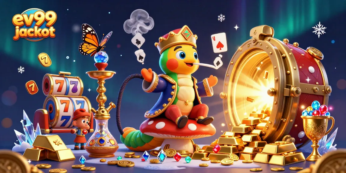 Experience the excitement of ev99 jackpot with a vibrant scene of a caterpillar hookah-master amidst casino treasures.
