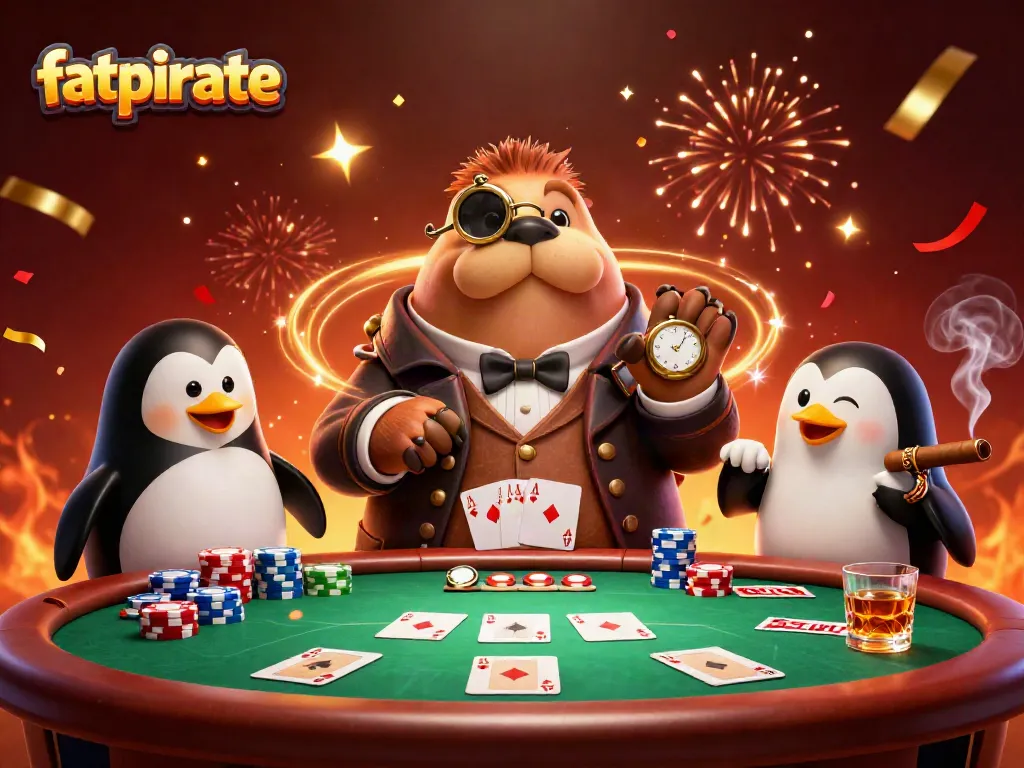 Experience excitement at fatpirate's underwater poker scene with a walrus, penguin dealer, and bluffing pufferfish.
