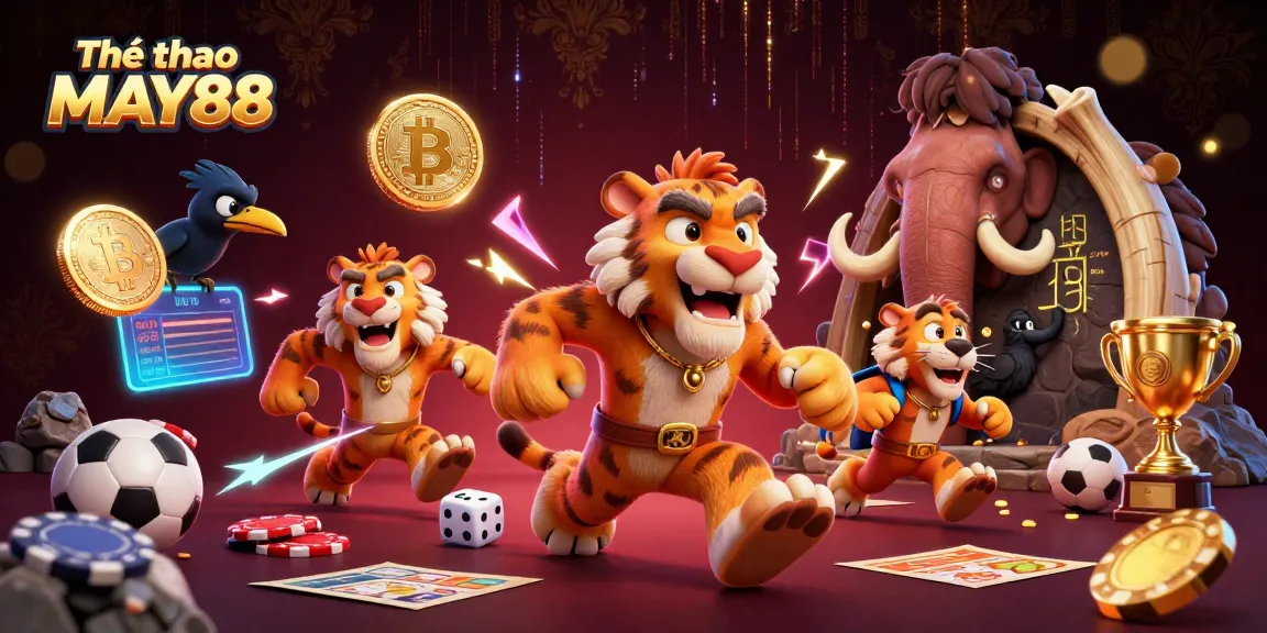 Thể thao MAY88 sports betting scene with dynamic sports elements and a lively casino atmosphere