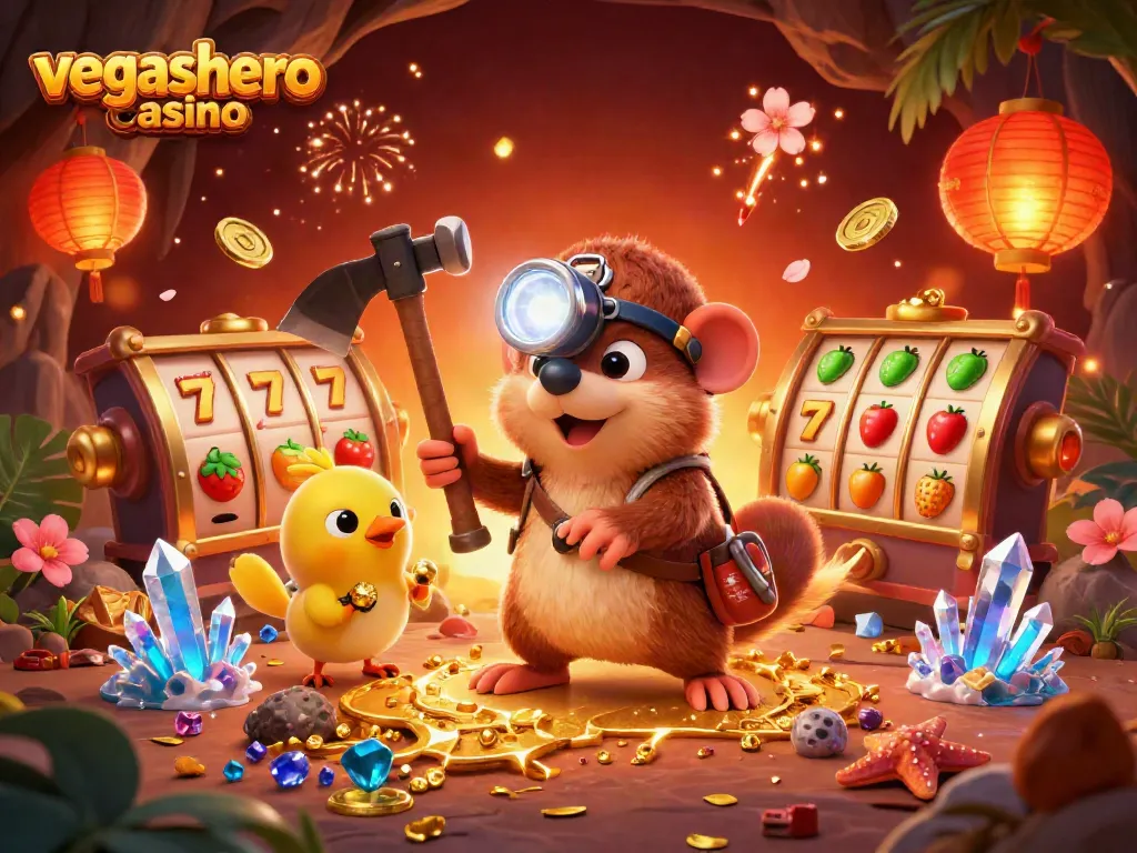 Engage with the exciting world of vegashero casino through this colorful 3D illustration of a treasure hunter and game elements.