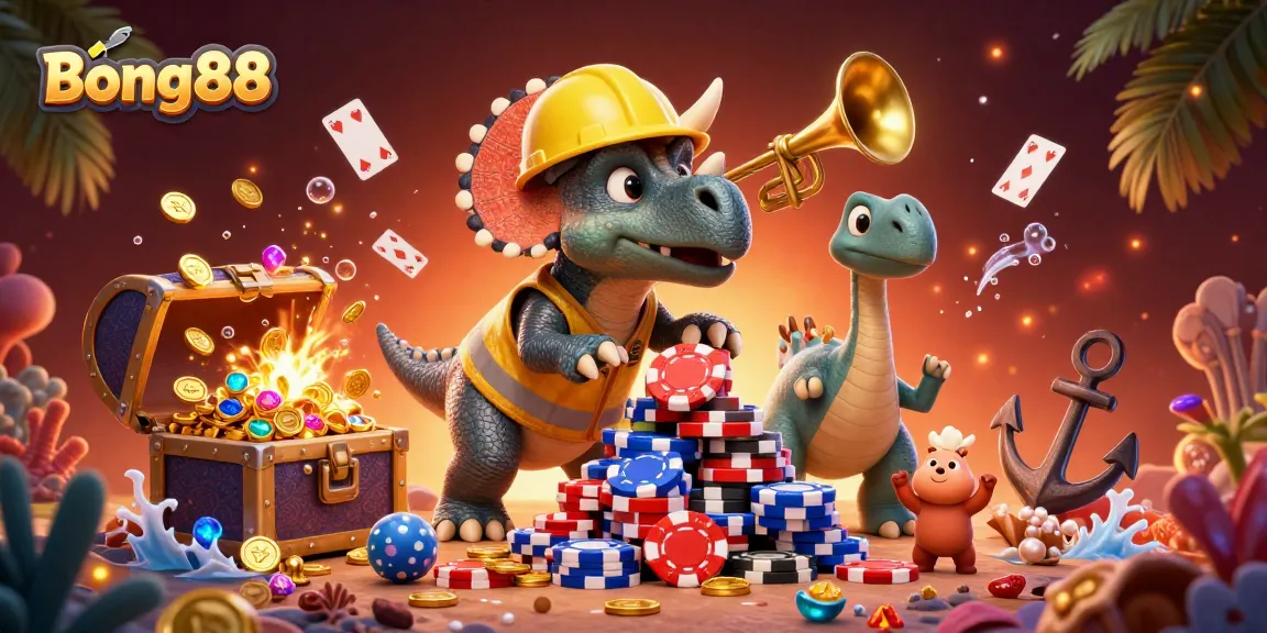 Bong88 engages players with a vibrant illustration featuring a triceratops and casino elements.