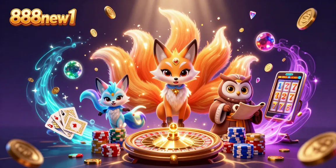 Engage with the vibrant world of 888new1 through this immersive illustration featuring lively casino elements and spirit characters.