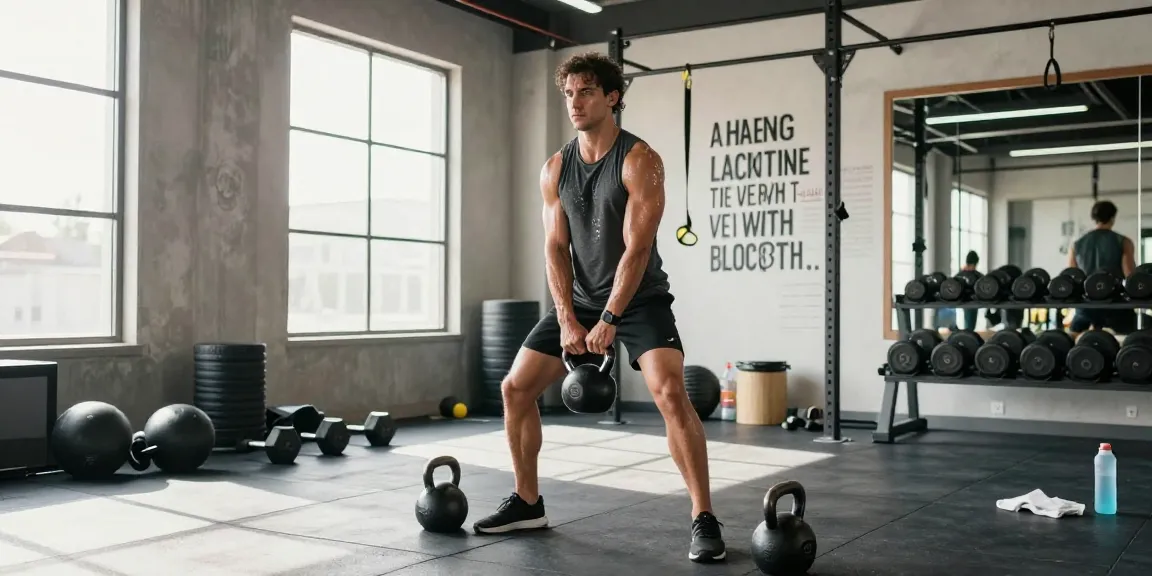Unieke Pharma Shop in een moderne sportschool met actieve sporter die kettlebells gebruikt.