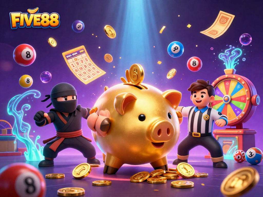 Experience thrilling wins at FIVE88 with animated casino characters and vibrant game elements.