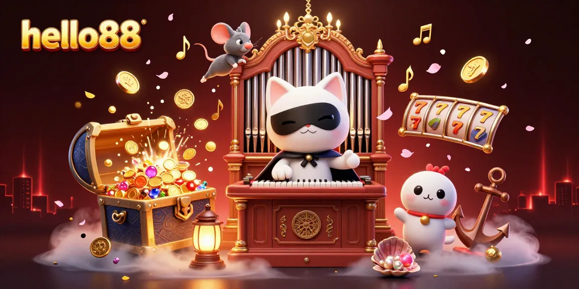 Experience thrilling gameplay at hello88 with a captivating casino scene featuring a white cat and floating treasures.