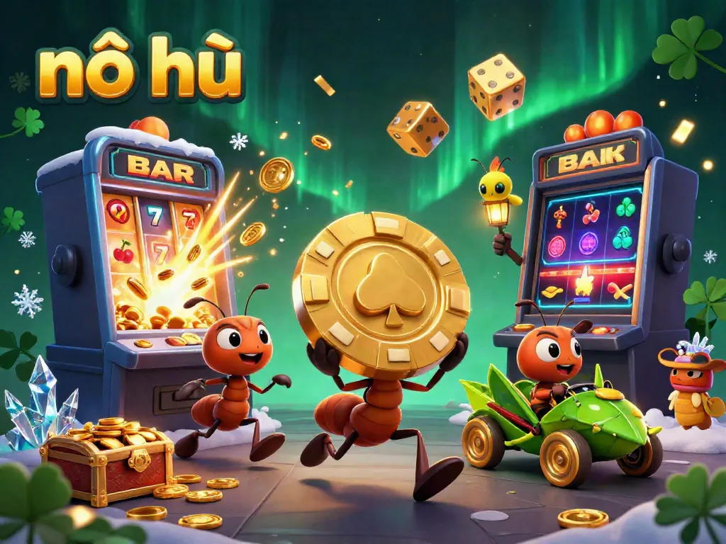 Experience thrilling nỗ hũ gaming with cartoon ants carrying a giant poker chip in a vibrant casino scene.