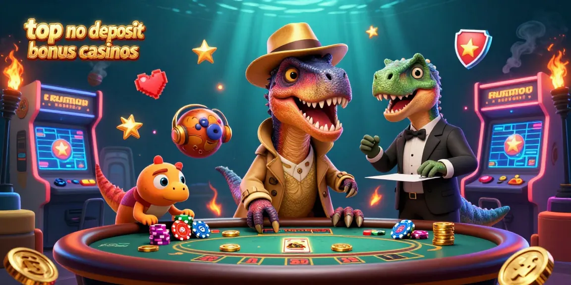 Engage with top no deposit bonus casinos through vibrant 3D cartoon art showcasing a velociraptor at blackjack.