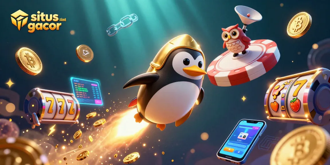 Experience situs slot gacor with a dynamic 3D illustration featuring a golden penguin in a casino-themed space.