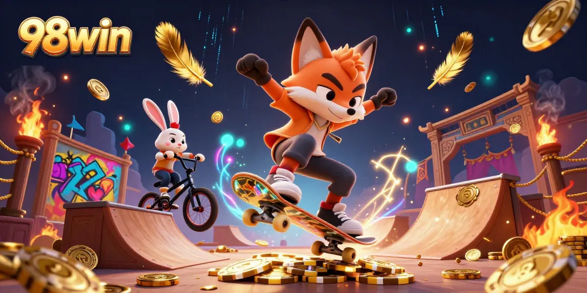 Experience thrilling tricks with 98win's animated characters in a vibrant casino-themed scene.