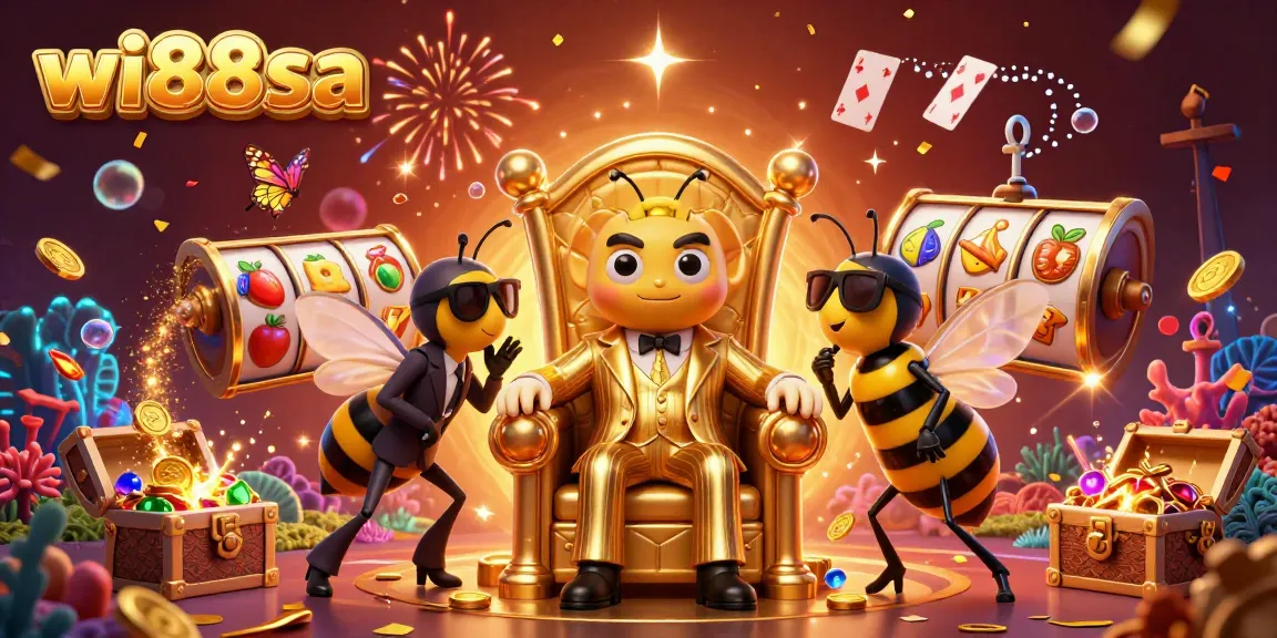 Join the excitement at wi88sa with a vibrant 3D illustration of Slot game action and colorful characters.