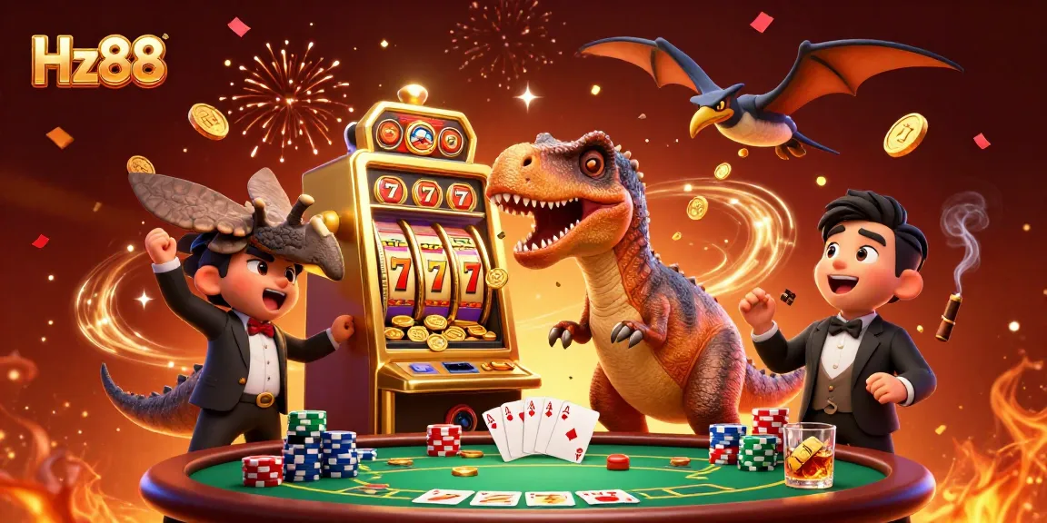Hz88 slots explosion with cartoon dinosaurs celebrating a jackpot win
