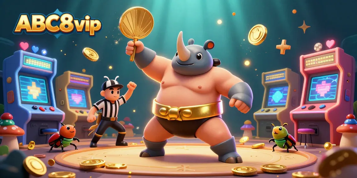 A dynamic scene featuring ABC8 vip with a rhinoceros beetle sumo champion, golden coins flying in a lively casino atmosphere.