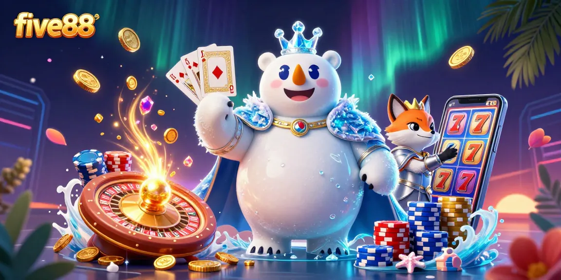 Enjoy five88's thrilling games with polar bear and fox amidst gold coins and vibrant casino elements.