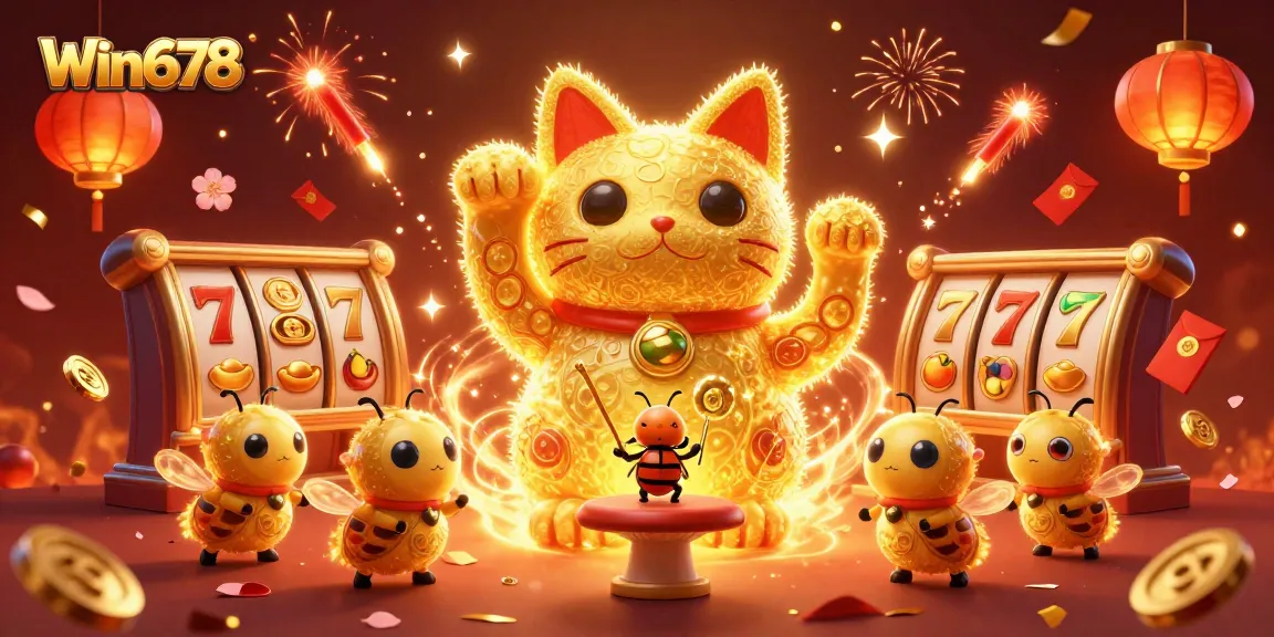 Experience exciting gameplay at Win678 with a dynamic 3D lucky cat and casino symbols.
