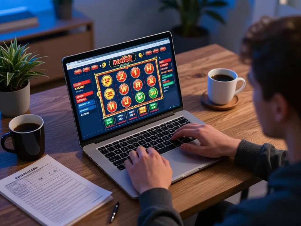 Engaged player exploring red88 online casino interface on a laptop, showcasing betting strategy and vibrant graphics.