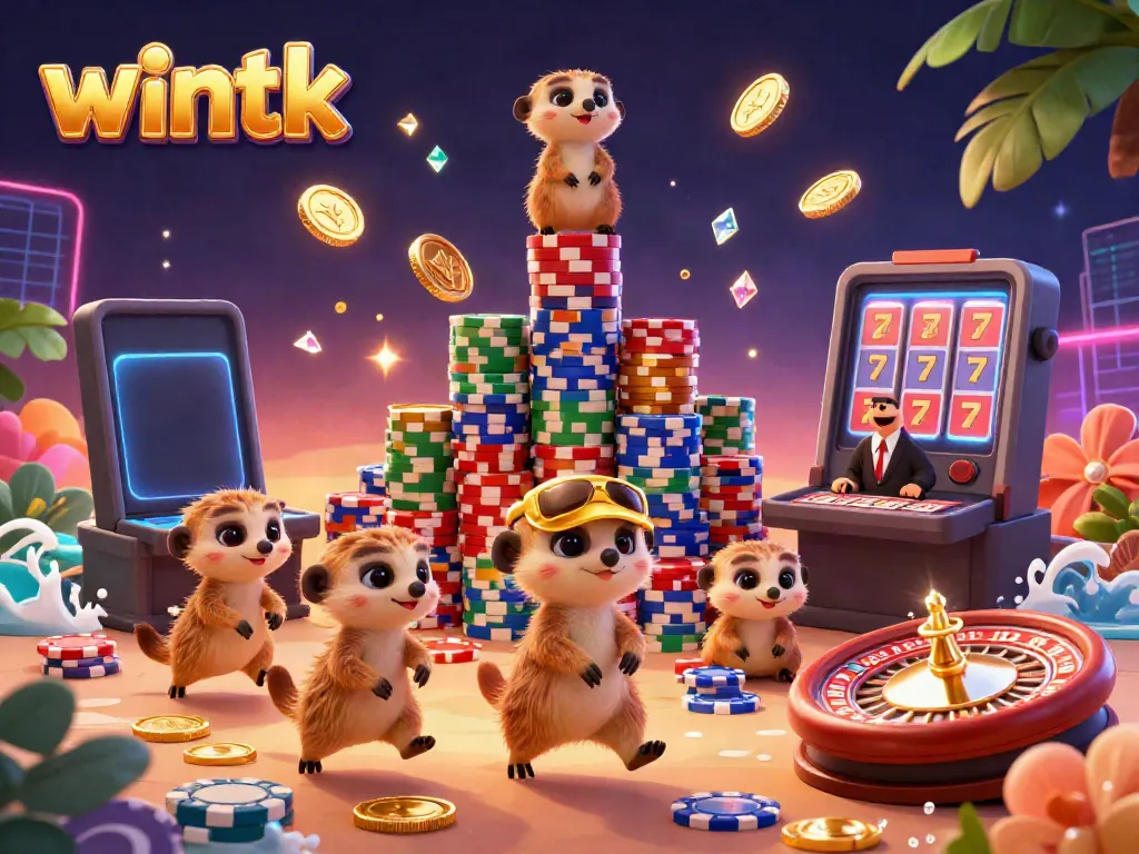 Engage in thrilling games at Wintk Casino with lively meerkats managing bets and chips.