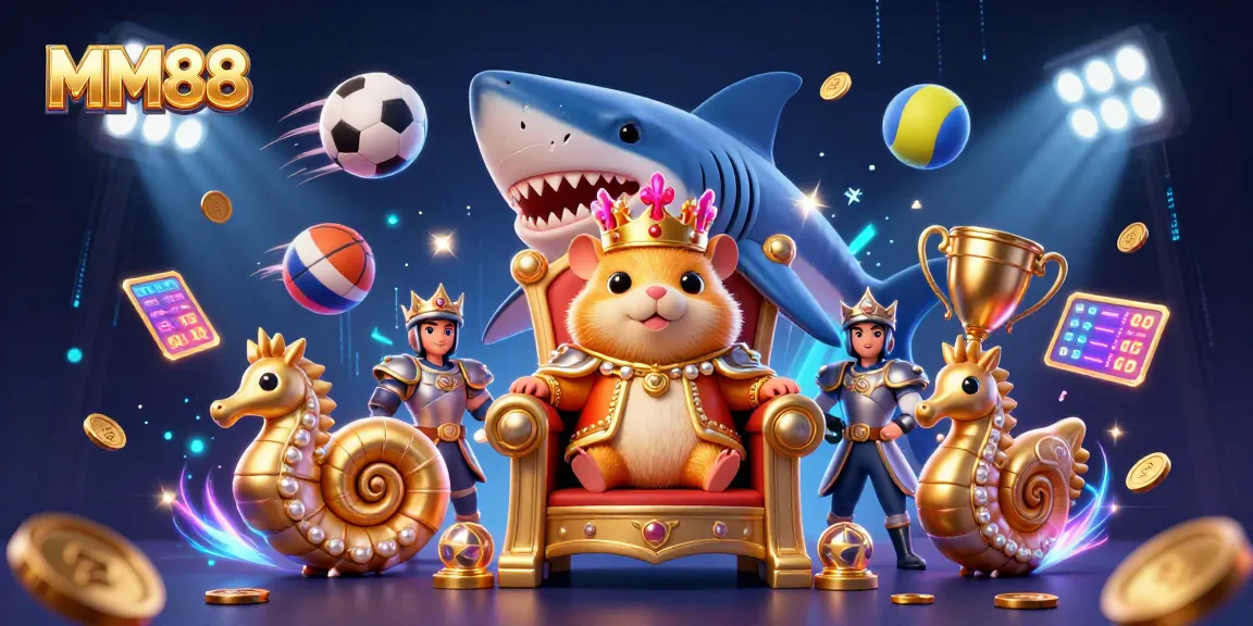 MM88 showcases a fierce golden hamster king on a megalodon throne amidst captivating gaming elements, perfect for bettors.