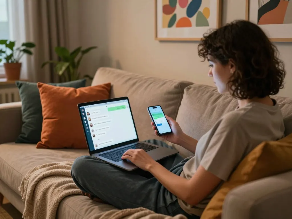 Engaging with 18+ AI chatbot in a cozy digital space, inviting atmosphere.