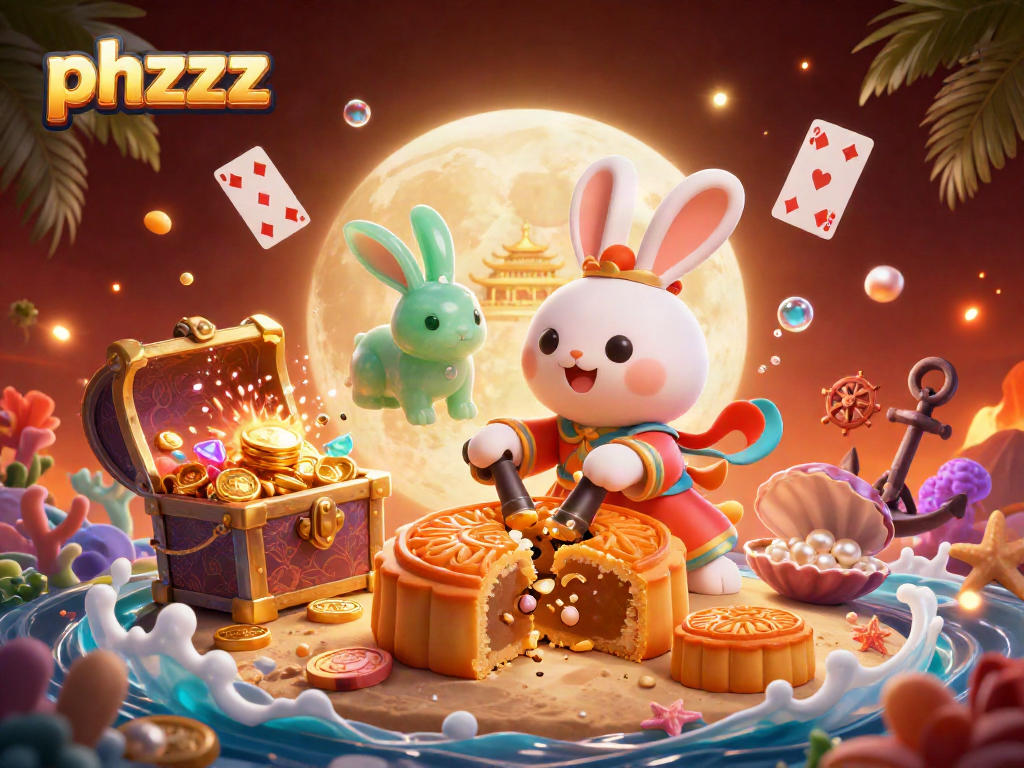 Engage with phzzz and play poker as the moon rabbit reveals hidden treasures in this vibrant 3D illustration.