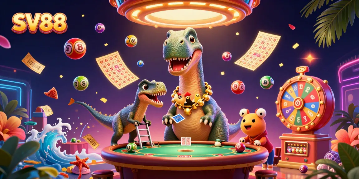 Experience thrilling gameplay at SV88 as a giant brontosaurus peers over a bustling casino.