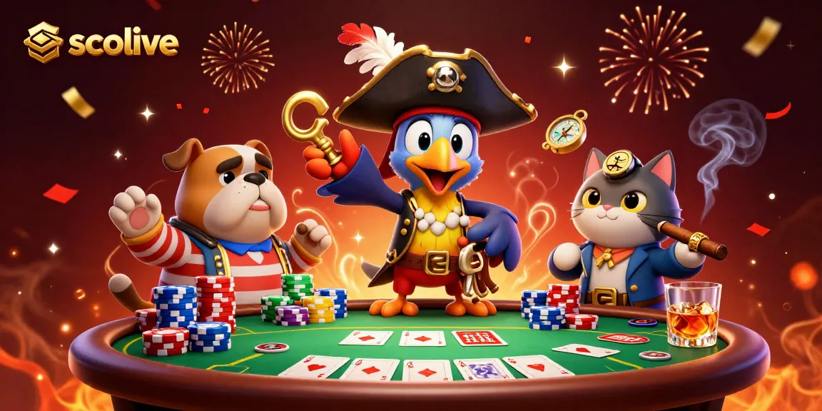 Socolive showcases an exciting poker scene with a dynamic pirate captain, bulldog, and cat amidst vibrant casino elements.
