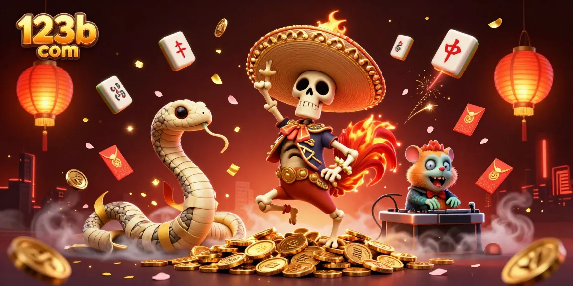 Experience the excitement of 123b com with a vibrant casino-inspired illustration featuring playful characters and rich elements.
