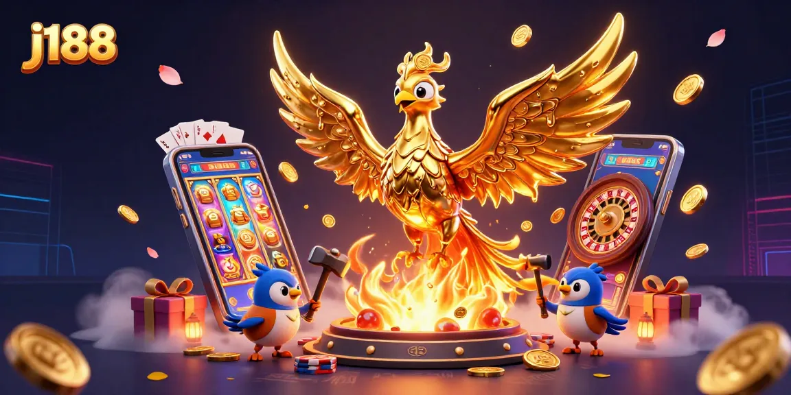 Experience thrilling gaming action at j188 with a vibrant 3D phoenix and engaging casino elements.