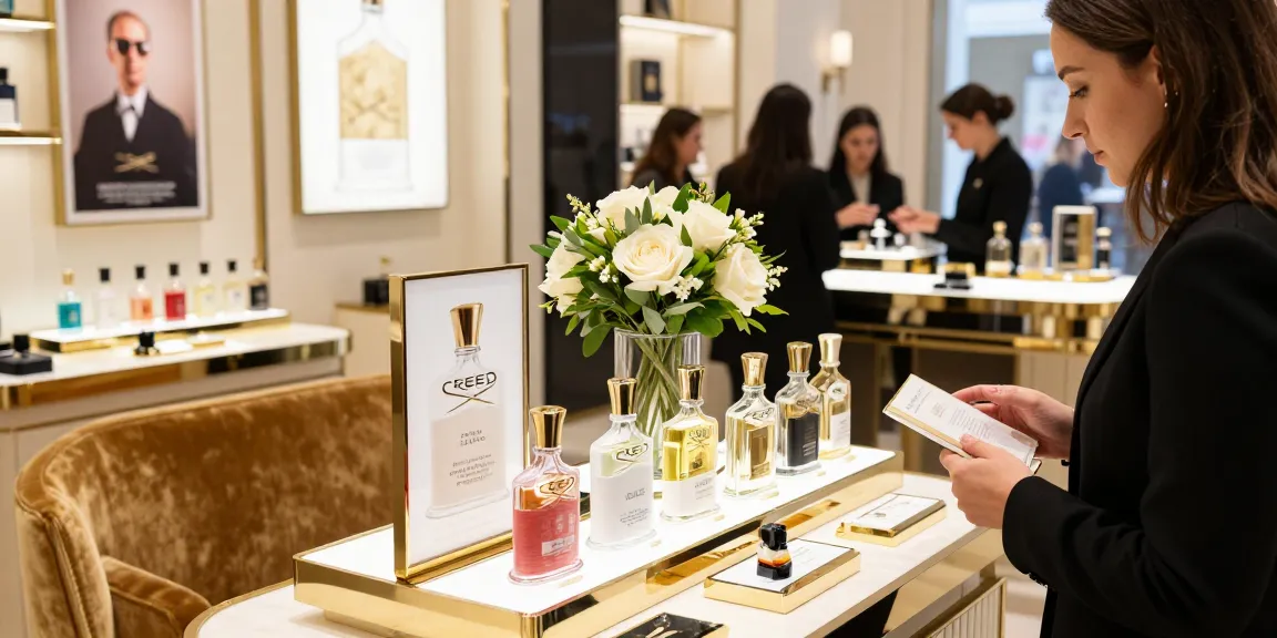 Discover Creed Perfumes in an elegant boutique, showcasing luxurious scents in beautifully crafted bottles amidst a sophisticated atmosphere.