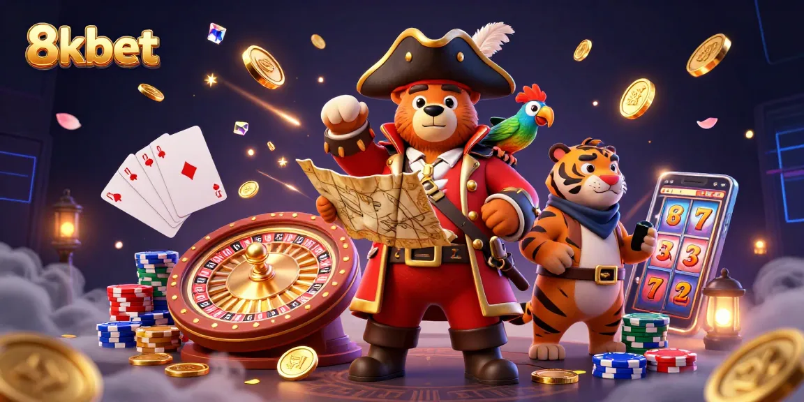 Engage with the thrilling 8kbet world of online gambling featuring vibrant characters and casino elements.