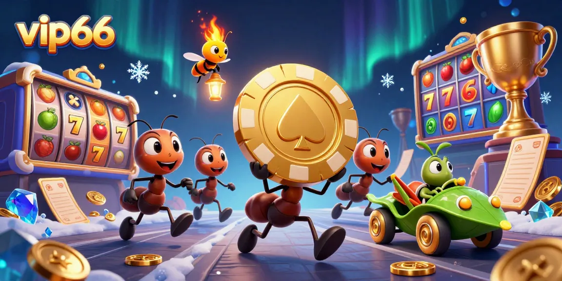 Watch the vip66 ants collaborating on their heist with a golden poker chip at a bustling casino.