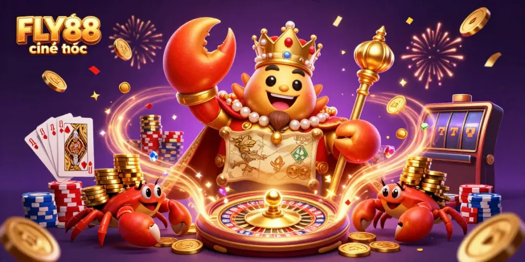 Win big with FLY88 chính thức featuring a golden crab emperor in a vibrant casino environment.