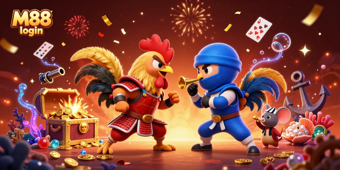M88 login to experience dynamic rooster battles in an immersive online casino setting.