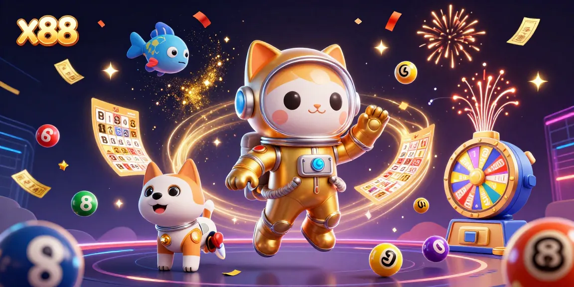 Experience winning moments with x88 in a dynamic 3D lottery and casino illustration featuring colorful elements.