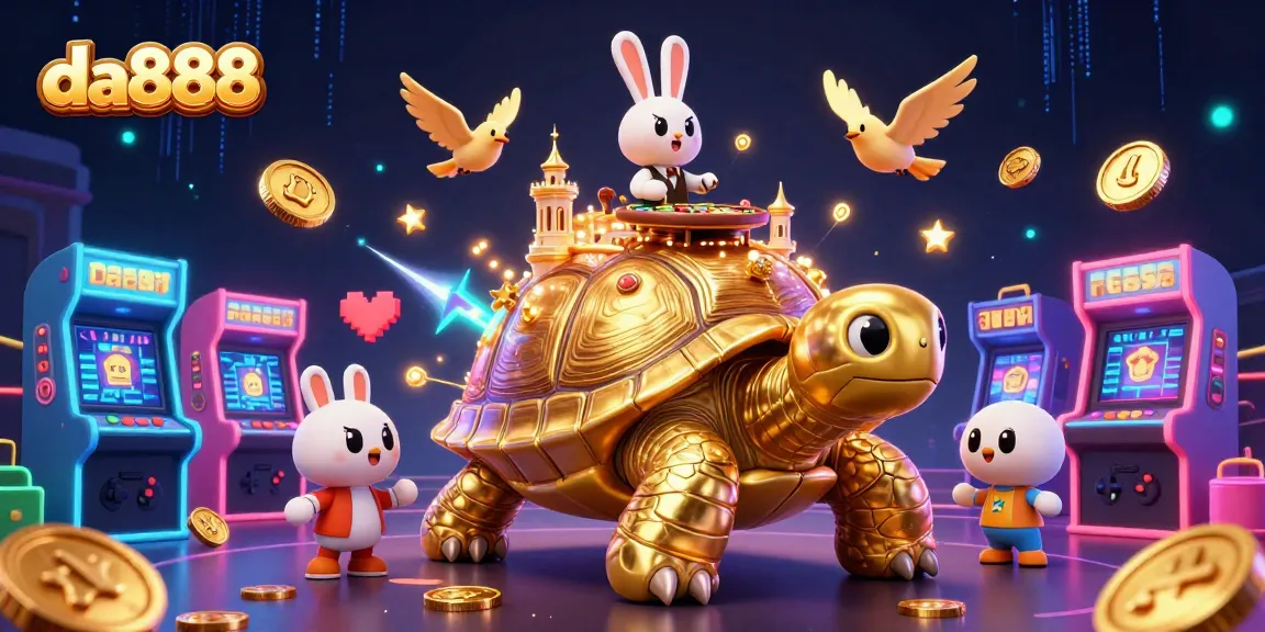 Experience da888's vibrant gaming world with a whimsical tortoise casino scene full of excitement.