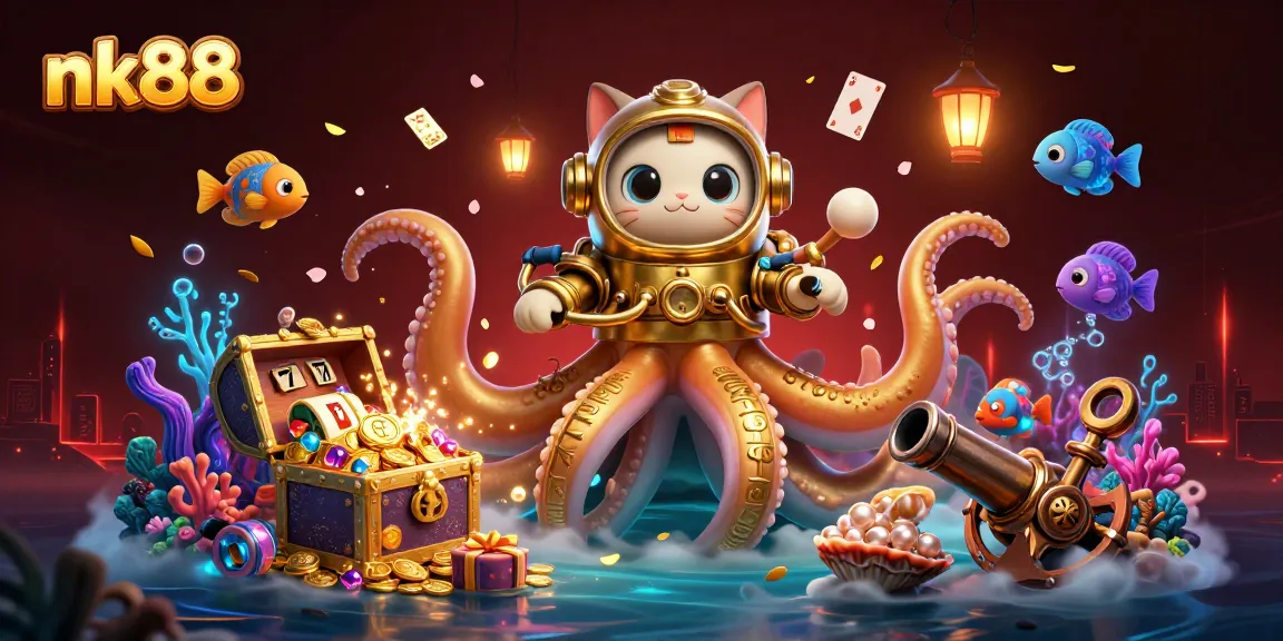 Engage with nk88’s exciting slot adventure featuring a kraken, diving cat, and treasure galore.