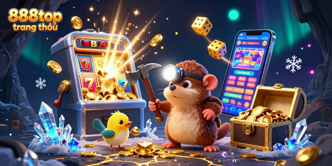 Experience the excitement of 888top trang chủ with a treasure hunter mole and a canary in a vibrant casino scene.