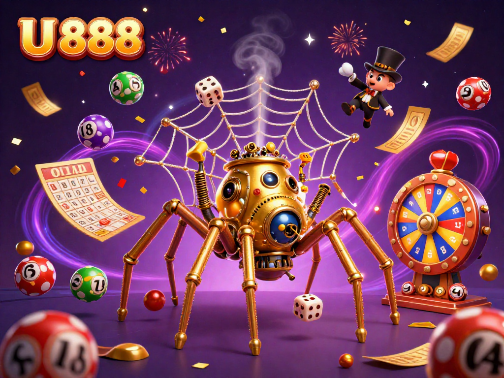 U 888 engages players with vibrant lottery balls and captivating casino elements in a steampunk world.