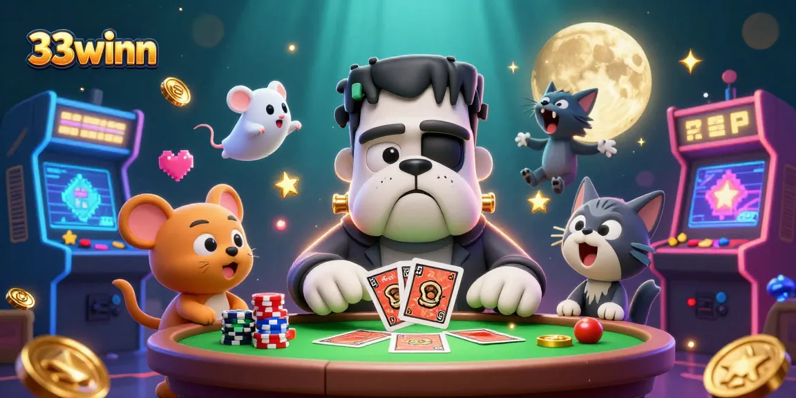 33winn engaging players with a 3D animated Frankenstein bulldog at a spooky casino table.