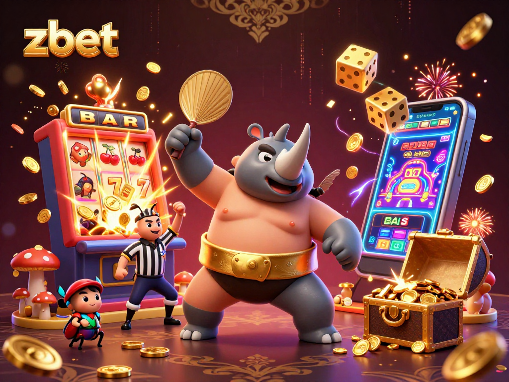 Zbet's vibrant 3D illustration showcases a rhinoceros beetle sumo champion amid a jackpot explosion, emphasizing engaging casino experiences.