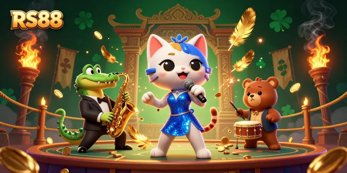 Dynamic scene with RS88's characters singing and playing music in a vivid casino atmosphere.