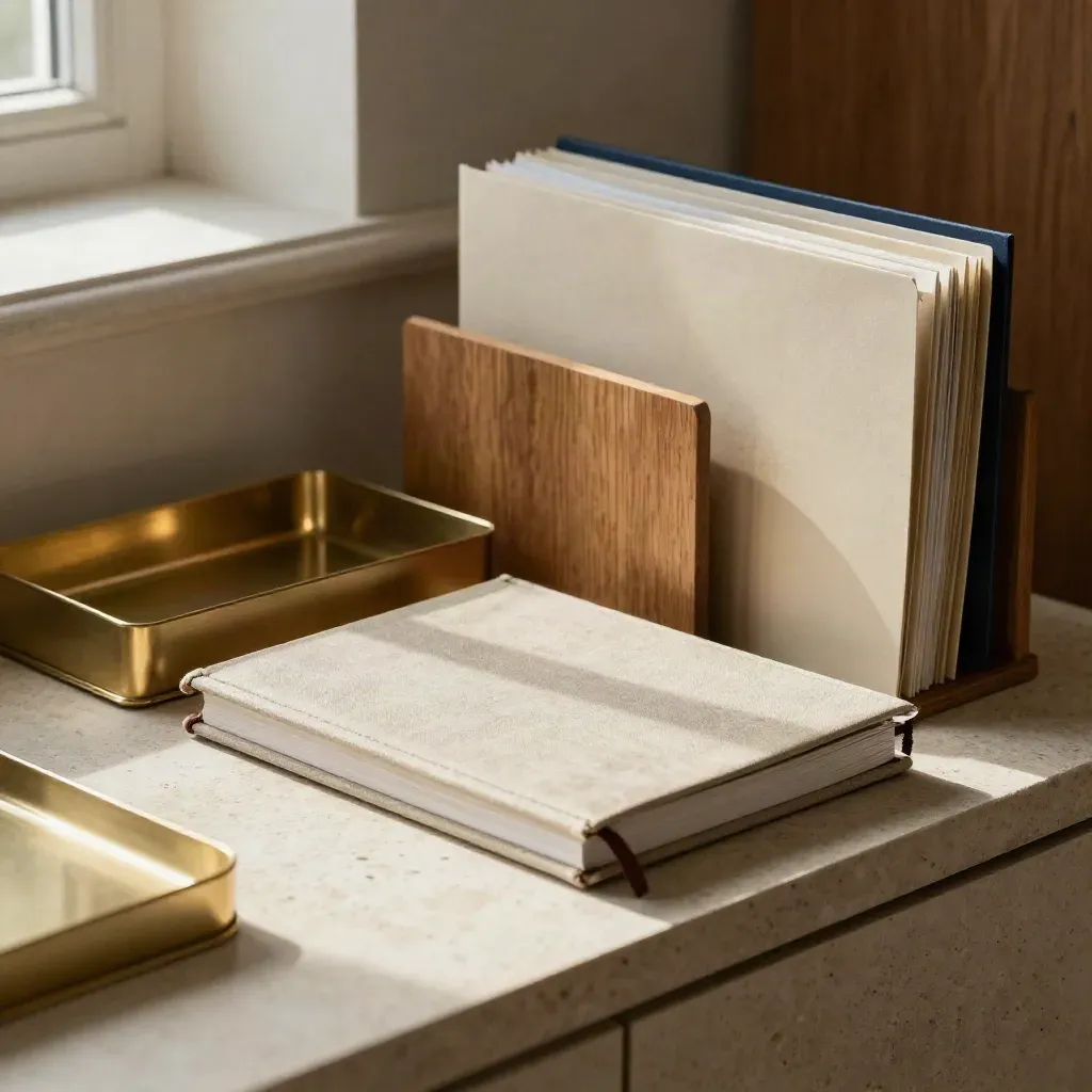 HR-adviesset met mappen, messing tray en eiken scheidingspaneel op stenen sideboard