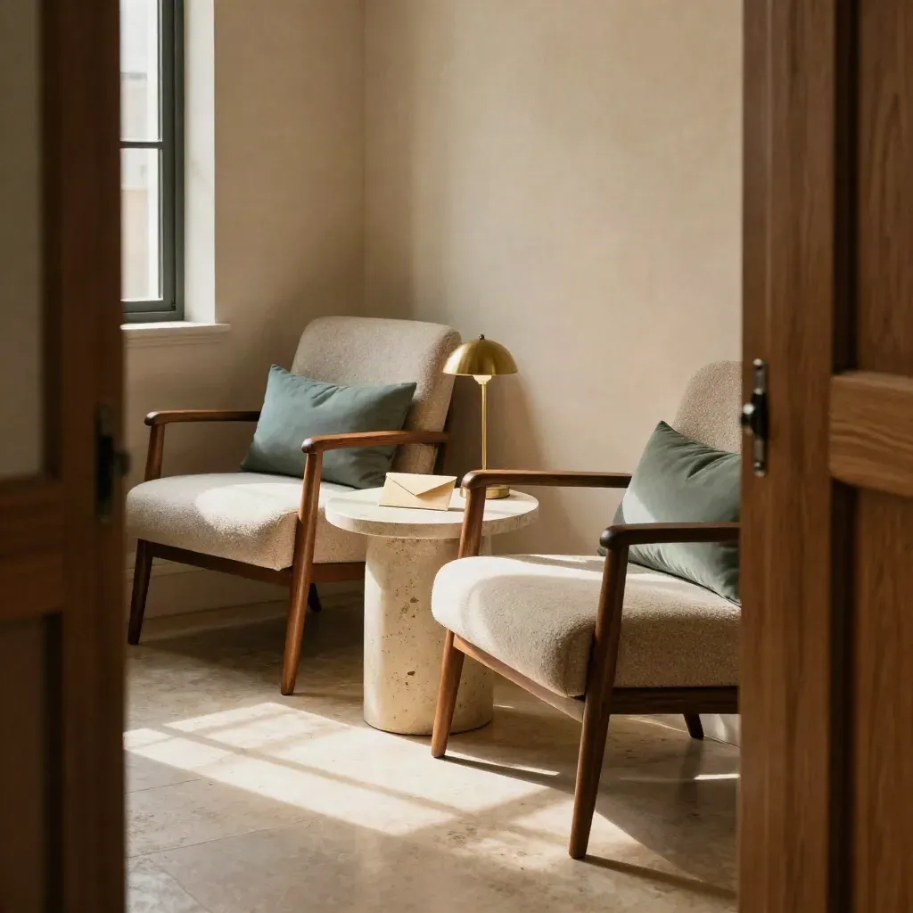 Stijlvolle interviewhoek met twee lege fauteuils, tafel, lamp en omgedraaide envelop.